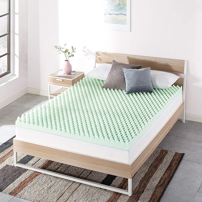 Best Price Mattress 4 Inch Egg Crate Memory Foam Mattress Topper with Calming Green Tea Infusion, CertiPUR-US Certified, Short Queen
