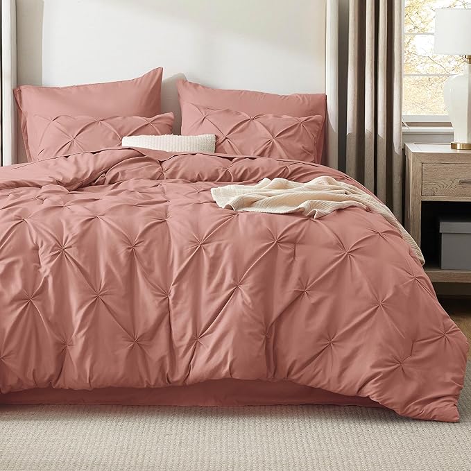 Bedsure King Size Comforter Set Dusty Pink - Bed in a Bag Bedding Set 7 Pieces, GentleSoft™ Pintuck Bed Set Gift for Family, Pinch Pleat Dusty Pink Comforter with Sheets, Pillowcases & Shams
