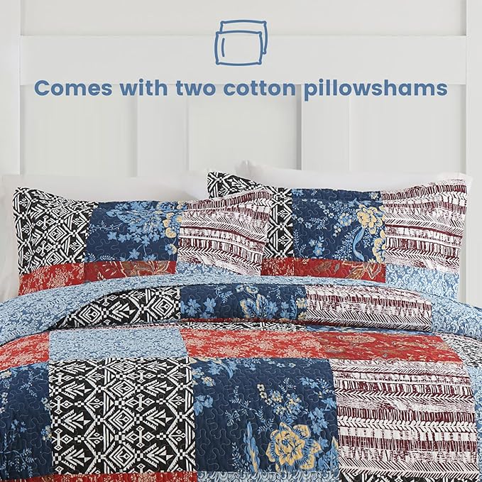 Secgo Twin Comforter Set for Bed - 100% Cotton Quilts Twin Size, Black Bedspreads (68 * 86 Inch) with 2 Pillow Shams, Patchwork Reversible Lightweight Bedding