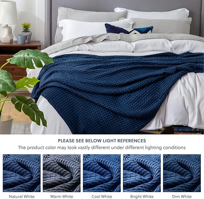 Bedsure Cooling Cotton Waffle King Size Blanket - Lightweight Breathable Summer Blanket of Rayon Derived from Bamboo for Hot Sleepers, Luxury Throws for Bed, Couch and Sofa, Navy, 104x90 Inches