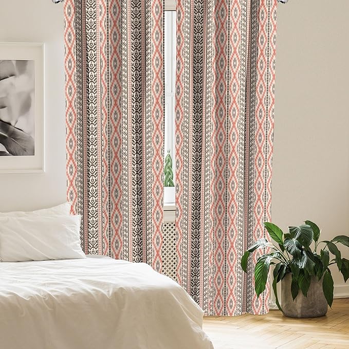 Ambesonne Southwestern Window Curtains Pack of 2, Traditional Vertical Borders Inspired by Prehistoric Art Ikat Style, Lightweight Set with Rod Pocket, 4 Panels of - 28" x 95", Brown Coral