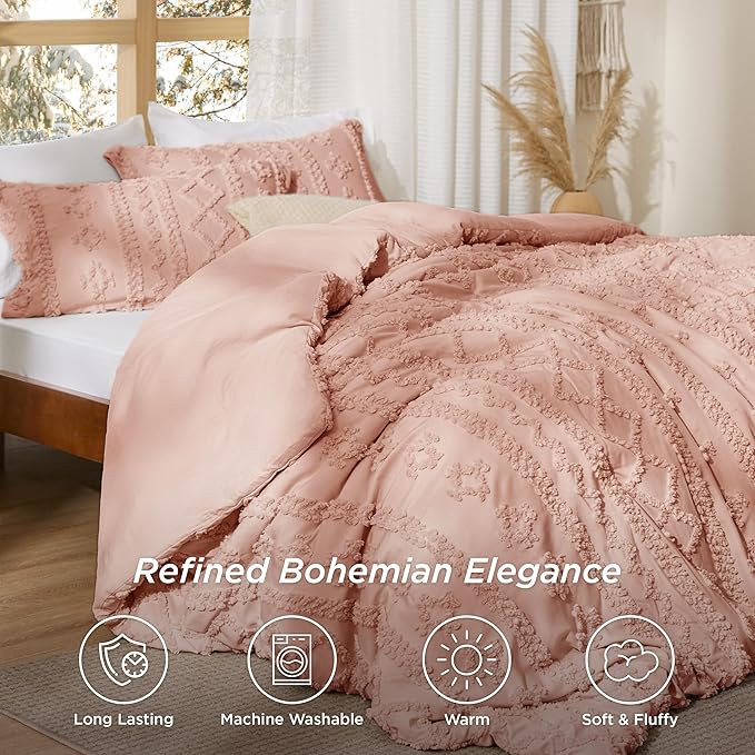 Bedsure Tufted Boho Comforter Set Twin Size - Pink Boho Bed Set, GentleSoft™ 2 Pieces Farmhouse Shabby Chic Embroidery Bedding, Gifts for Woman, Soft Jacquard Twin Comforter for All Seasons