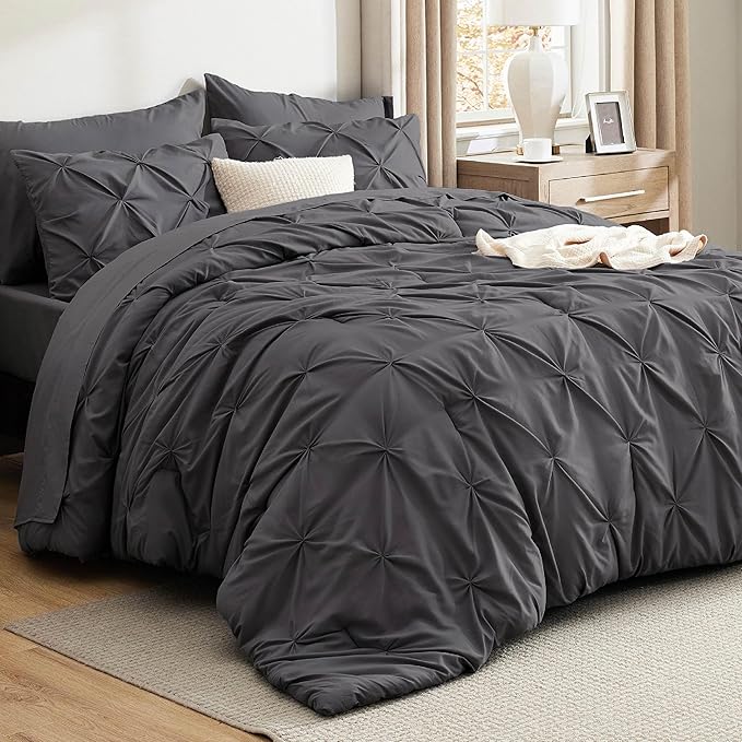 Bedsure King Size Comforter Set Dark Grey - Bed in a Bag Bedding Set 7 Pieces, GentleSoft™ Pintuck Bed Set Gift for Family, Pinch Pleat Dark Grey Comforter with Sheets, Pillowcases & Shams