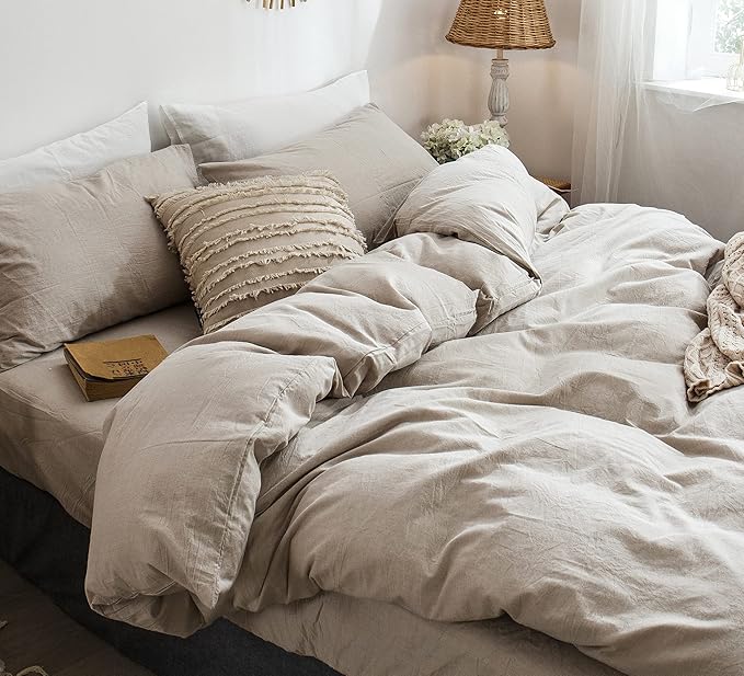 MooMee Bedding Duvet Cover Set 100% Washed Cotton Linen Like Textured Breathable Durable Soft Comfy (Heathered Tannish Linen Grey, Full 80"x90")