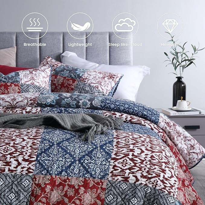 Secgo Queen Comforter Set for Bed - 100% Cotton Quilts Queen Size, Burgundy Bedspreads (90 * 98 Inch) with 2 Pillow Shams, Patchwork Reversible Lightweight Bedding