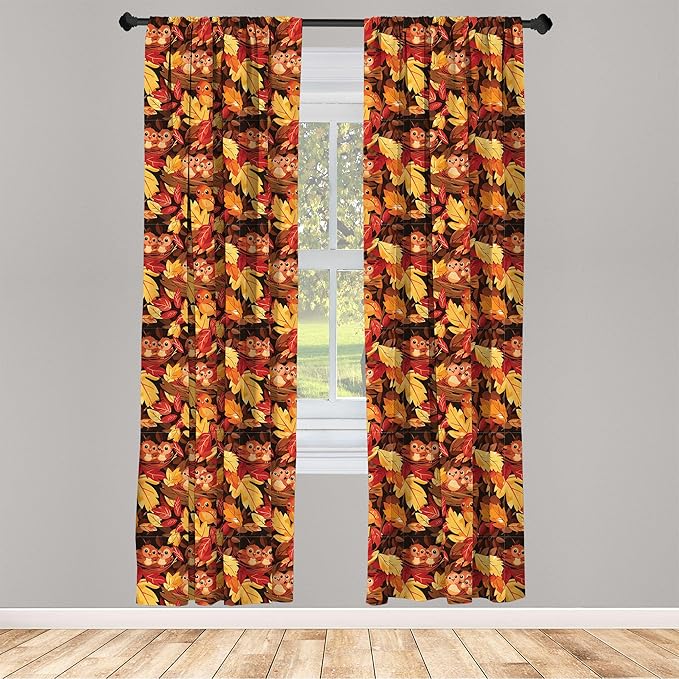 Ambesonne Fall Window Curtains Pack of 2, Happy Autumnal Colors with Birds in Nests Cartoon Illustration Print, Lightweight Set with Rod Pocket, 4 Panels of - 28" x 63", Cinnamon Amber and Orange