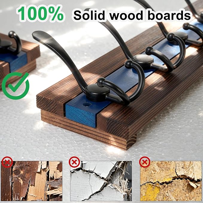 SKOLOO Rustic Wall Mounted Coat Rack - 17" Long Coat Hooks for Wall with 5 Triple Hooks for Hanging Coats, Hats or Tools, Western National Parks Collection, Wood Brown & Blue