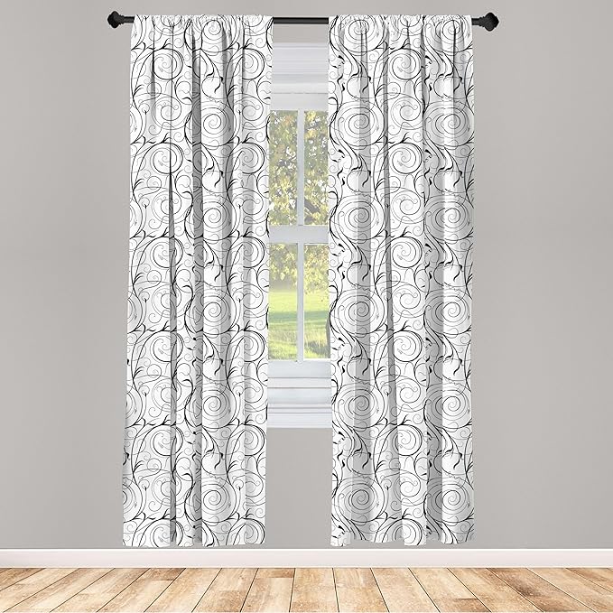 Ambesonne Black and White Curtains, Scribble Swirling Motifs Spiral Floral Stems Modern Abstract Scroll, Window Treatments 2 Panel Set for Living Room Bedroom, Pair of - 28" x 84", White Charcoal Grey