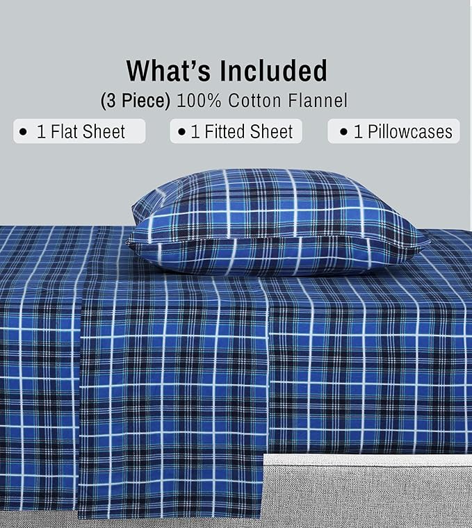 RUVANTI Flannel Sheets Twin Size - 100% Cotton Double Brushed Twin Sheets Set, Deep Pockets 16 Inches, All Seasons Breathable & Extra Soft Bed Sheets, Warm & Cozy, 3 Piece, Blue Plaid