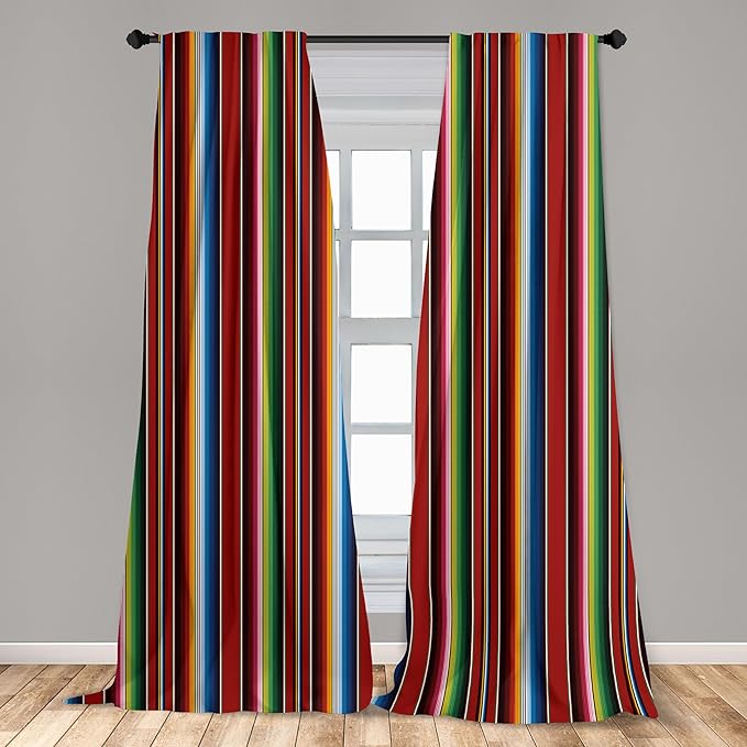 Ambesonne Cinco de Mayo Curtains, Mexican Serape Colorful Stripes Vertical Lines Latino Illustration, Window Treatments 2 Panel Set for Living Room Bedroom Decor, Pair of - 28" x 95", Burgundy Blue