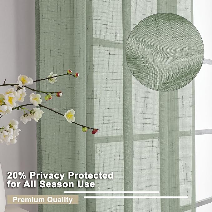 Aiyufeng Sage Green Sheer Curtains 72 inches Long 2 Panels, Fresh Textured Semi Sheer Green Curtains Linen Breathable Elegant Door Curtains & Drapes for Farmhouse/Living Room/Kitchen, 40Wx72L inch