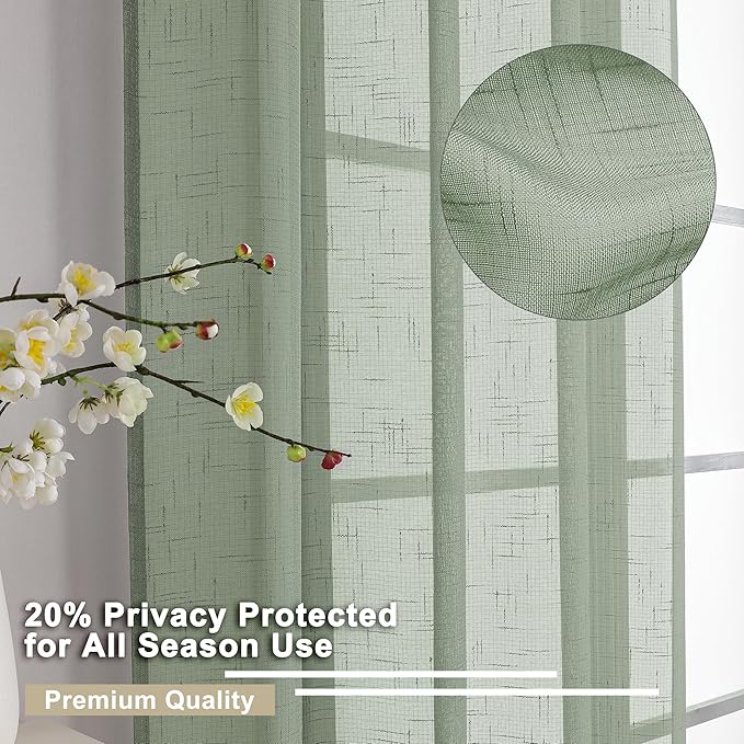 Aiyufeng Kirei Sage Green Linen Sheer Curtains 63 inch Length - Premium Flax Linen Material Soft Semi Sheer Half Privacy Protected for Livingroom, Bedroom, Farmhouse, W 40 x L 63 inch, 2 Panels