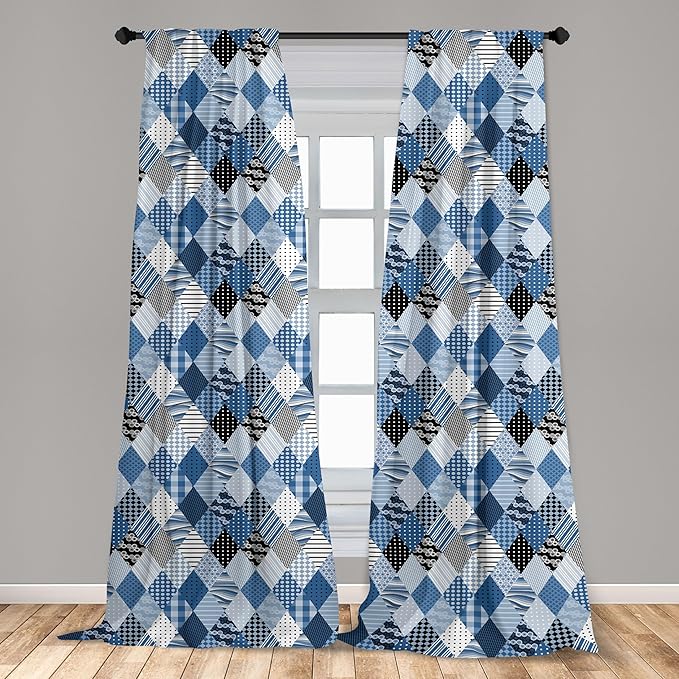 Ambesonne Geometric Window Curtains, Geometrical Diamond Shaped Lines with Various Nostalgic Fashioned Old Pattern, Decorative Panels Set of 2 with Rod Pocket, Pair of - 28" x 95", Black Blue