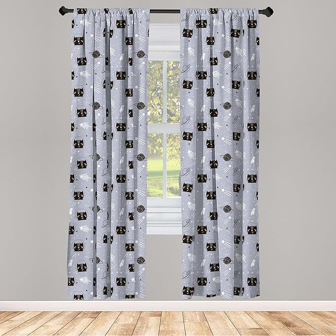 Ambesonne Outer Space Window Curtains, Astronaut Cats Exploring The Universe on Dotted Background, Lightweight Decor 2-Panel Set with Rod Pocket, Pair of - 28" x 63", Purple Grey