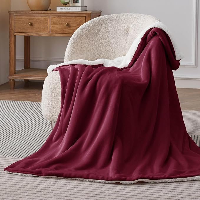 Bedsure GentleSoft Sherpa Fleece Throw Blanket Twin Size for Couch - Thick and Warm Throw for Girls and Women, Soft Fuzzy Plush Twin Christmas Blanket for Winter, Burgundy, 60x80 Inches