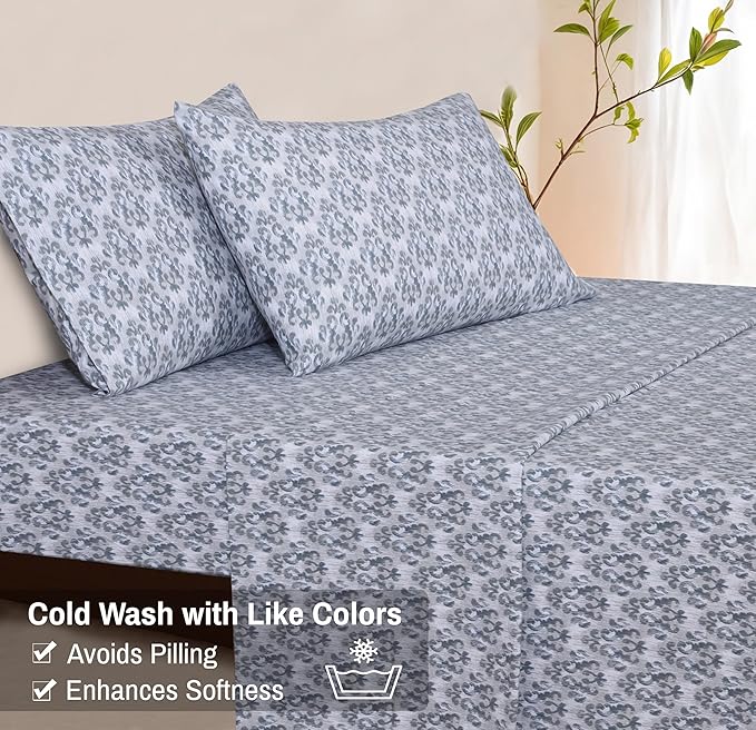 RUVANTI Flannel Sheets Full Size - 100% Cotton Double Brushed Bed Sheets Set, Deep Pockets 16 Inches, All Seasons Breathable & Extra Soft Full Sheets, Warm & Cozy, 4 Piece, Damask