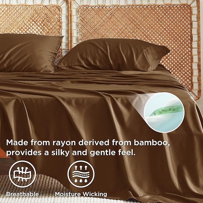 Bedsure King Size Sheets Set, Cooling Sheets for Hot Sleepers, Rayon Derived from Bamboo, Breathable & Soft, Deep Pocket Up to 16 Inches, Hotel Luxury Silky Bedding, Brown
