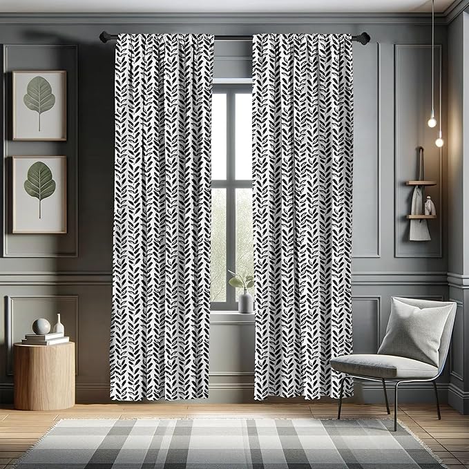 Ambesonne Black and White Window Curtains, Modern Grunge Botany Motif Monochrome Brush Paint Style Strokes, Lightweight Decor 2-Panel Set with Rod Pocket, Pair of - 28" x 95", White and Black