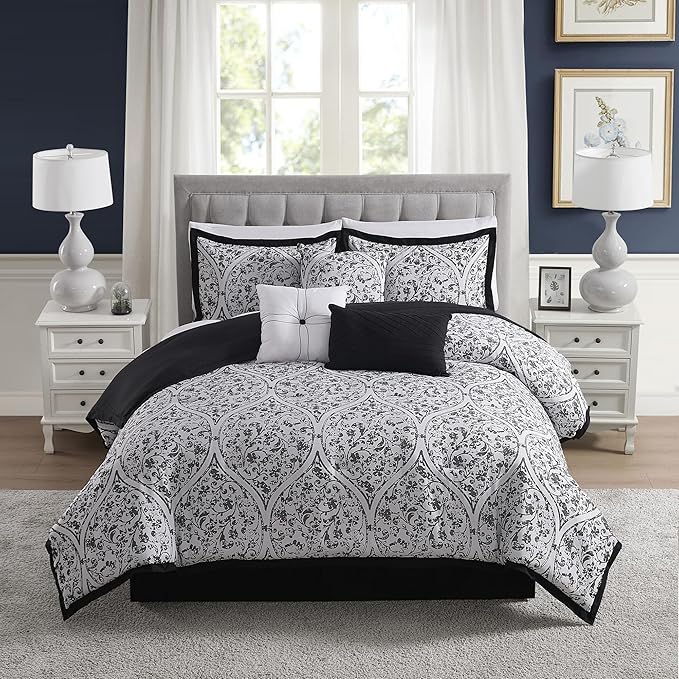 King Size Comforter Set - Soft & Breathable 7-Piece Bedding Collection - 1 Comforter, 2 Pillow Shams, 1 Bed Skirt & 3 Decorative Accent Pillows - Premium Quality, King, Black/White Damask