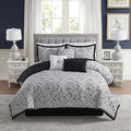 Queen Comforter Set - Complete 7-Piece Bedding Collection - 1 Comforter, 2 Pillow Shams, 1 Bed Skirt & 3 Decorative Accent Pillows - Premium Quality, Queen, Black/White Damask