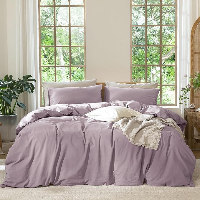 MooMee Bedding Duvet Cover Set 100% Washed Cotton Linen Like Textured Breathable Durable Soft Comfy (Solid Taro Purple, Oversized King Plus 128"x120")