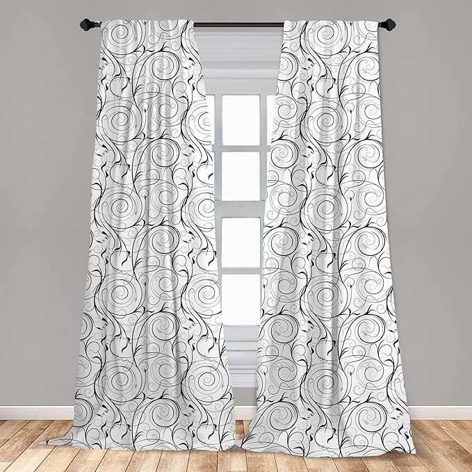 Ambesonne Black and White Curtains, Scribble Swirling Motifs Spiral Floral Stems Modern Abstract Scroll, Window Treatments 2 Panel Set for Living Room Bedroom, Pair of - 28" x 84", White Charcoal Grey