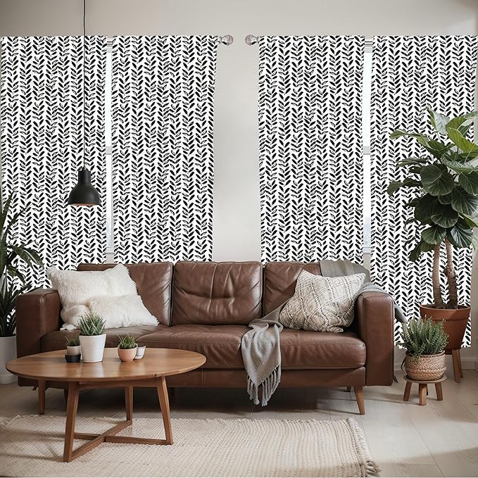 Ambesonne Black and White Window Curtains Pack of 2, Modern Grunge Botany Motif Monochrome Brush Paint Style Strokes, Lightweight Set with Rod Pocket, 4 Panels of - 28" x 95", White and Black
