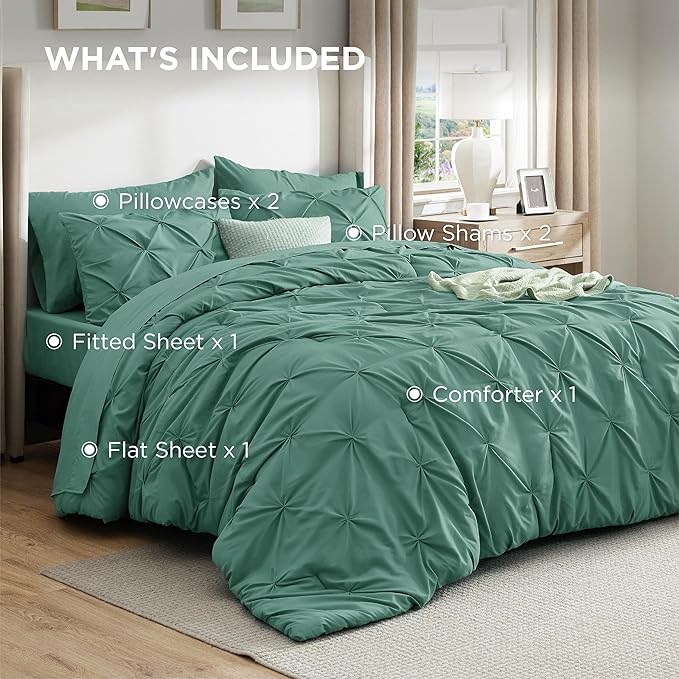 Bedsure King Size Comforter Set Graysih Green - Bed in a Bag Bedding Set 7 Pieces, GentleSoft™ Pintuck Bed Set Gift for Family, Pinch Pleat Graysih Green Comforter with Sheets, Pillowcases & Shams