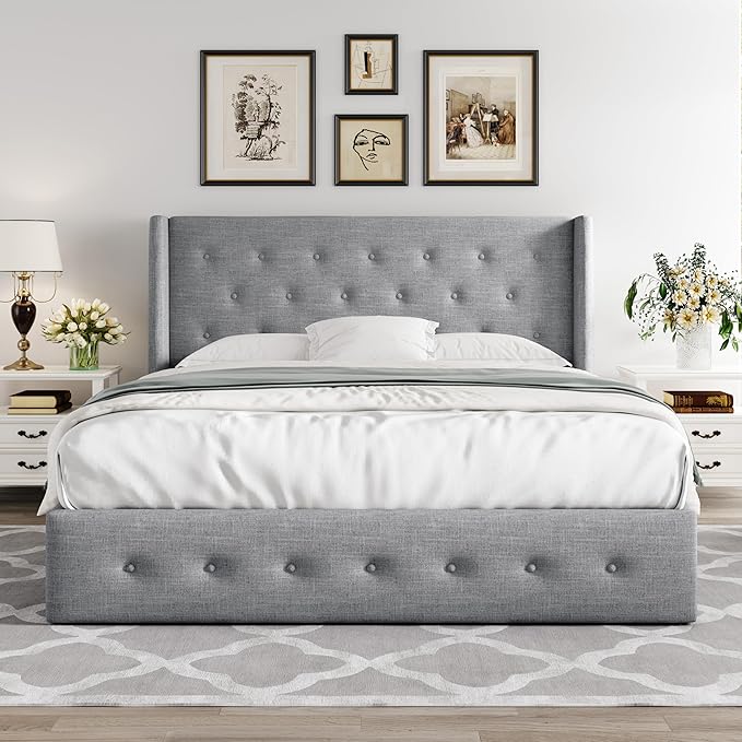 Allewie Queen Size Lift Up Storage Bed, Button Tufted Headboard with Wingback, Hydraulic Support, No Box Spring Needed, Light Grey