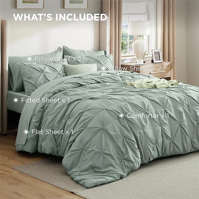 Bedsure Queen Comforter Set Sage Green - Bed in a Bag Queen Size Bedding 7 Pieces, GentleSoft™ Pintuck Bed Set Gift for Family, Pinch Pleat All Season Comforter with Sheets, Pillowcases & Shams