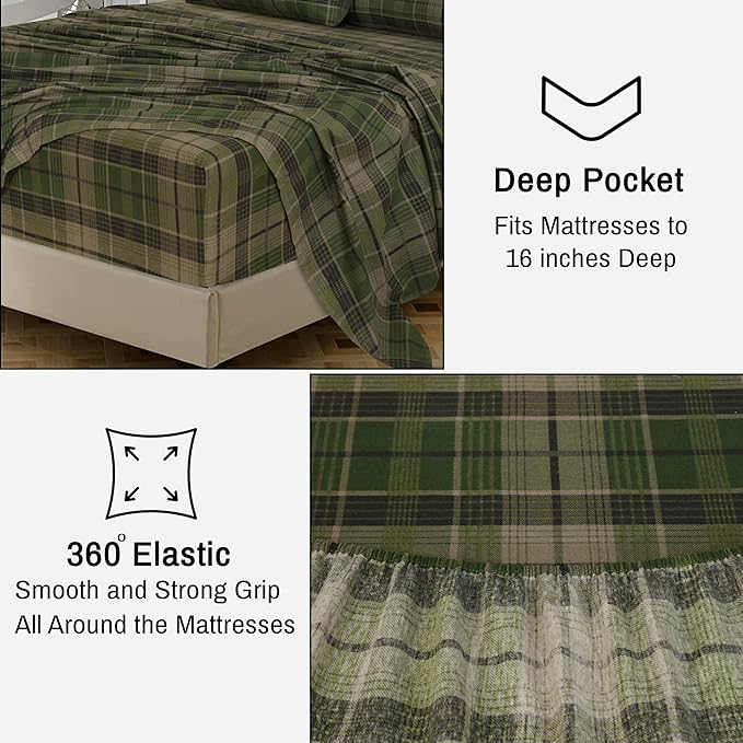 RUVANTI Flannel Sheets Full Size - 100% Cotton Double Brushed Bed Sheets Set, Deep Pockets 16 Inches, All Seasons Breathable & Extra Soft Full Sheets, Warm & Cozy, 4 Piece, DNA Plaid