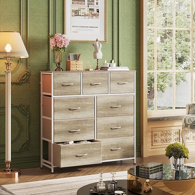 WLIVE 9-Drawer Dresser, Fabric Storage Tower for Bedroom, Hallway, Nursery, Closet, Tall Chest Organizer Unit with Fabric Bins, Steel Frame, Wood Top, Easy Pull Handle, Greige