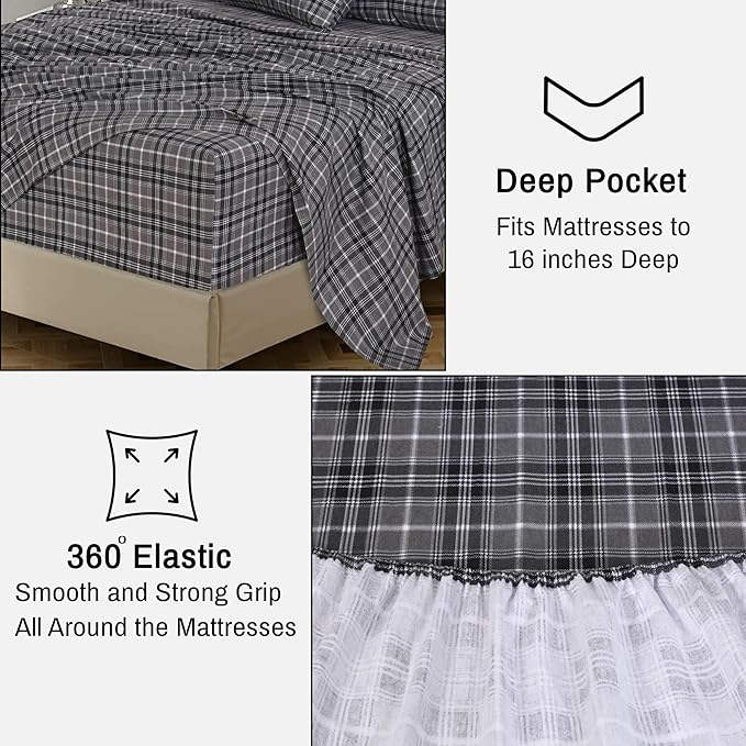 RUVANTI Flannel Sheets Queen Size - 100% Cotton Double Brushed Bed Sheets, Deep Pockets 16 Inches Queen Sheet Set, All Seasons Breathable & Extra Soft - Warm & Cozy, 4 Piece, Grey Plaid