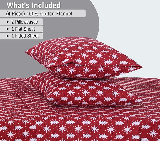 RUVANTI Flannel Sheets King Size - 100% Cotton Brushed King Size Sheets Set - Deep Pockets 16 Inches Bed Sheets - All Seasons Breathable & Extra Soft - Warm & Cozy, 4 Piece, Red Christmas