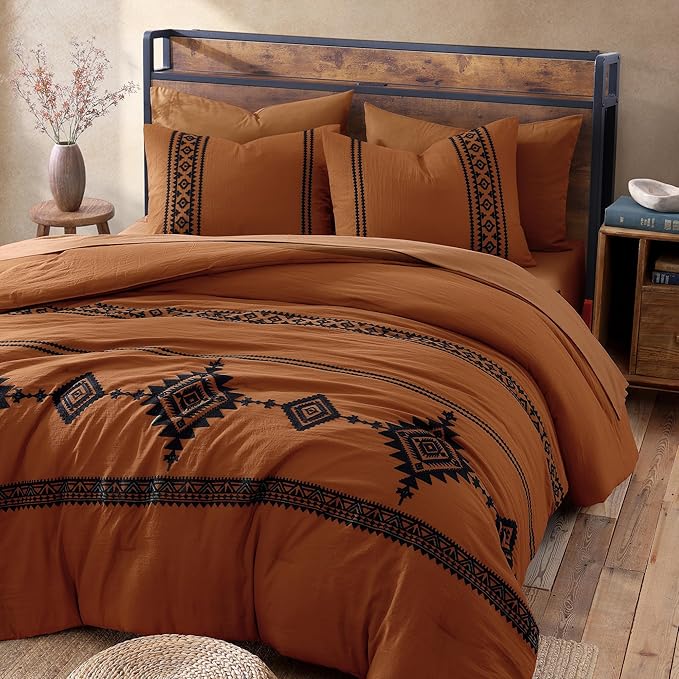MaiRêve Burnt Orange Embroidery Comforter Set King Size - 7 Pieces, Farmhouse Western Bedding Sets All Season, Boho Bed in A Bag King with Sheets, Comforters, Pillowcases & Shams