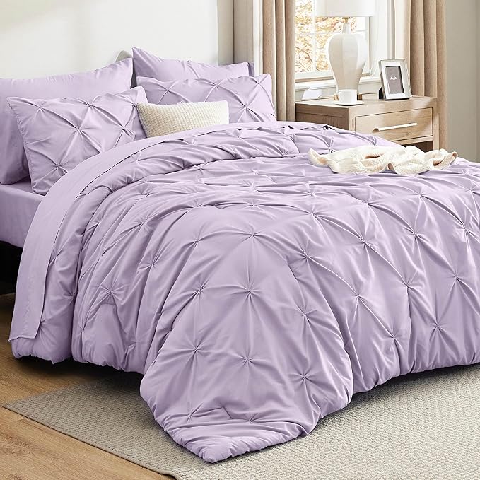 Bedsure King Size Comforter Set Light Purple - Bed in a Bag Bedding Set 7 Pieces, GentleSoft™ Pintuck Bed Set Gift for Family, Pinch Pleat Light Purple Comforter with Sheets, Pillowcases & Shams