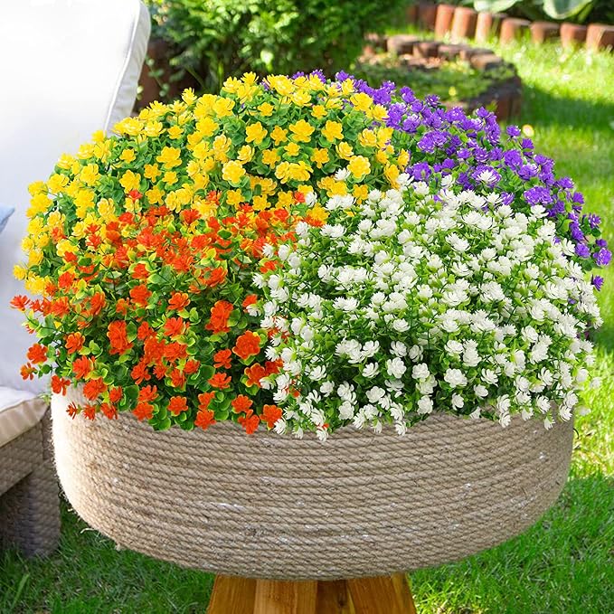 GREENRAIN Artificial Flowers Outdoor Fake Flowers for Decoration UV Resistant No Fade Faux Plastic Plants Garden Porch Window Box Décor (6 Bundles, 2#Yellow)
