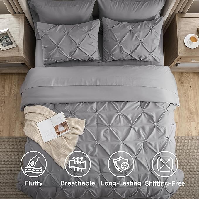 Bedsure Full Comforter Set Grey - Bed in a Bag Full Size Bedding Set 7 Pieces, GentleSoft™ Pintuck Bed Set Gift for Family, Pinch Pleat Grey Comforter with Sheets, Pillowcases & Shams
