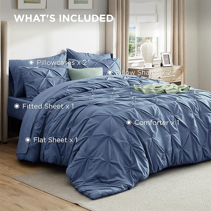 Bedsure King Size Comforter Set Slate Blue - Bed in a Bag Bedding Set 7 Pieces, GentleSoft™ Pintuck Bed Set Gift for Family, Pinch Pleat Slate Blue Comforter with Sheets, Pillowcases & Shams