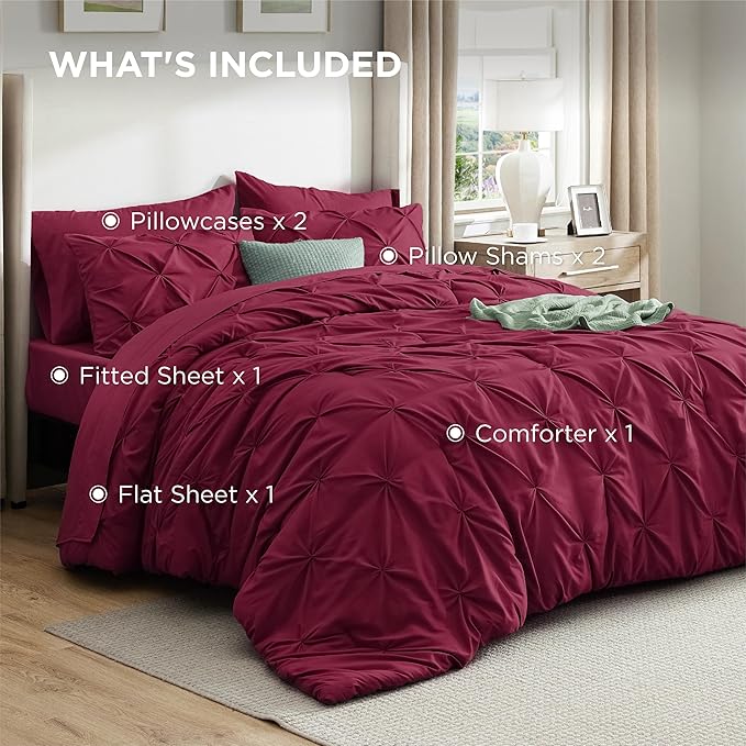Bedsure Queen Comforter Set Dark Red - Bed in a Bag Queen Size Bedding 7 Pieces, GentleSoft™ Pintuck Bed Set Gift for Family, Pinch Pleat All Season Comforter with Sheets, Pillowcases & Shams