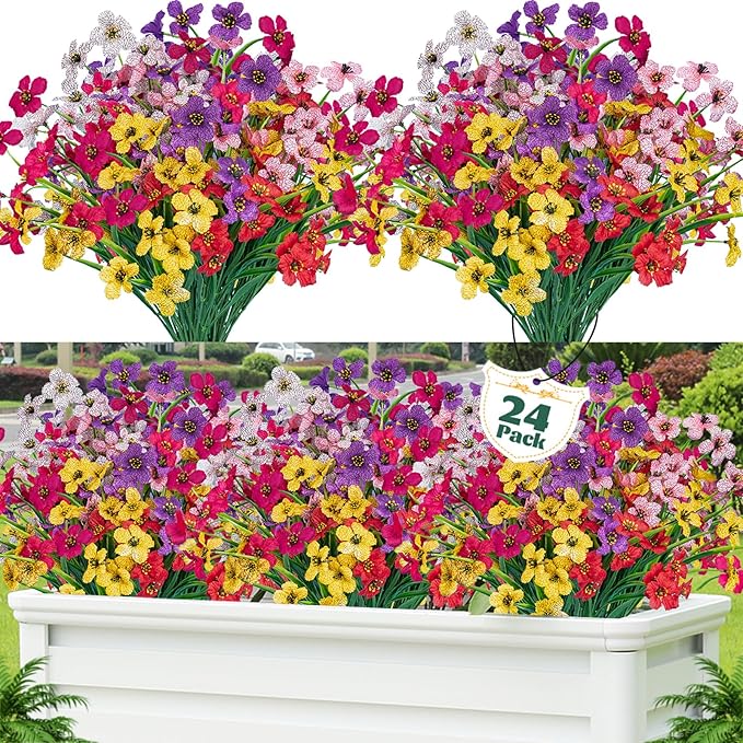 Lnoicy 24 Pcs Artificial Flowers for Outdoor,Plastic Flowers Decoration, UV Resistant Faux Flowers Shrubs, Artificial Plants for Indoor Outside Garden Home Wedding Farmhouse（6 Color）