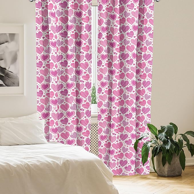 Ambesonne Valentines Window Curtains Pack of 2, Romantic Heart Shapes with Many Different Designs Polka Dots Crossed Lines, Lightweight Set with Rod Pocket, 4 Panels of - 28" x 63", Pink White