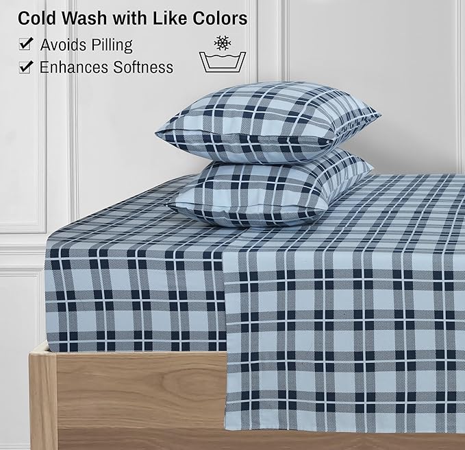 RUVANTI Flannel Sheets Twin Size - 100% Cotton Double Brushed Twin Sheets Set, Deep Pockets 16 Inches, All Seasons Breathable & Extra Soft Bed Sheets, Warm & Cozy, 3 Piece, Illusion Check