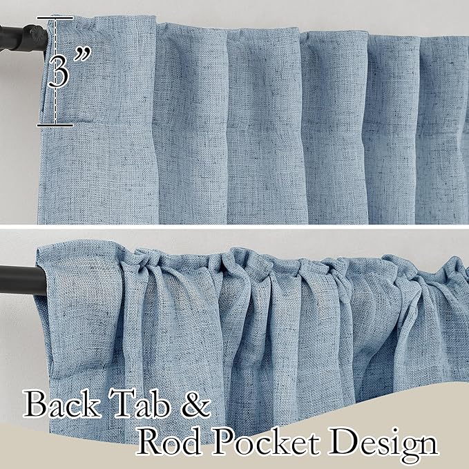 RYB HOME Linen Texture Curtains for Short Window Treatments, Semi Transparent Breathable Fabric Lightweight for Kitchen Bathroom Bedroom, W 52 x L 36 inches, Dusty Blue, 2 Panels