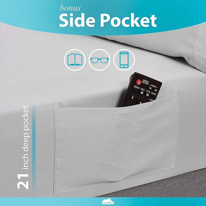 DREAMCARE Twin Sheets - 3pcs Cooling Sheets – up to 21” Extra Deep Pocket Twin Bed Sheets - Twin Sheet Set - Bed Sheets Twin with Side Pocket - L Gray