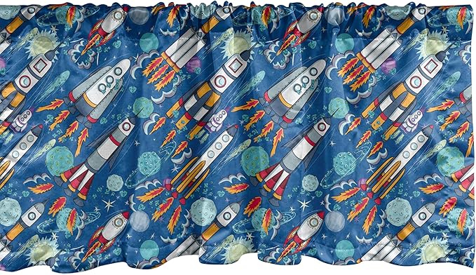 Ambesonne Spaceship Window Valance, Hand-Drawn Cartoon Spaceships Planets and Stars Outer Space Exploration Theme, Curtain Valance for Kitchen Bedroom Decor with Rod Pocket, 42" x 12", Violet Blue
