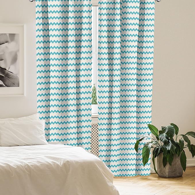 Ambesonne Teal Curtains, Horizontal Zigzag Lines Chevron Triangles Pattern Simple Classical Geometric Design, Window Treatments 2 Panel Set for Living Room Bedroom, Pair of - 28" x 95", Cream Teal