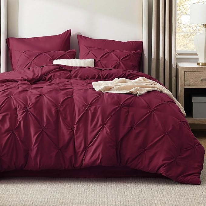 Bedsure California King Comforter Set Burgundy - Bed in a Bag Cal King Bedding Set 7 PCS, GentleSoft™ Pintuck Bed Set Gift for Family, Pinch Pleat Burgundy Comforter with Sheets, Pillowcases & Shams