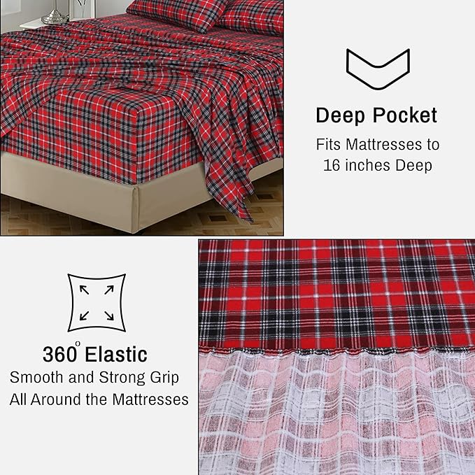 RUVANTI Flannel Sheets King Size - 100% Cotton Brushed King Size Sheets Set - Deep Pockets 16 Inches Bed Sheets - All Seasons Breathable & Extra Soft - Warm & Cozy, 4 Piece, Red Plaid