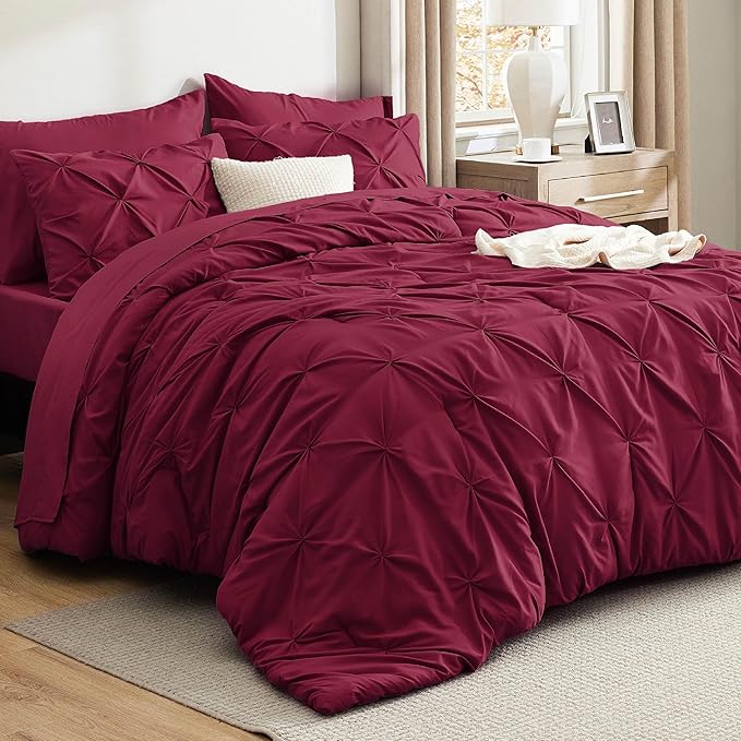 Bedsure California King Comforter Set Dark Red - Bed in a Bag Cal King Bedding Set 7 PCS, GentleSoft™ Pintuck Bed Set Gift for Family, Pinch Pleat Dark Red Comforter with Sheets, Pillowcases & Shams